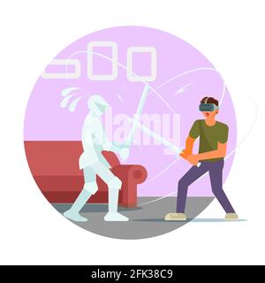 Gamer man in VR glasses fighting with knight, vector illustration. Sword fight virtual reality game, simulation. Stock Vector