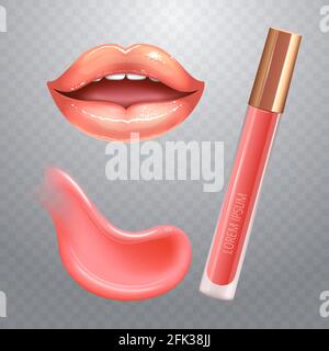 Make-up set for lips with realistic creme smear, realistic glossy shining lips and liquid lipstick on checkered transparent background. Stock Vector
