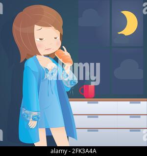 Hungry woman eating bread on kitchen at night, Cartoon, illustration Stock Vector