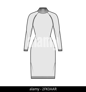 Turtleneck dress Sweater technical fashion illustration with long sleeves, fitted body, knee length, knit trim. Flat jumper apparel front, back grey color style. Women men unisex CAD mockup Stock Vector
