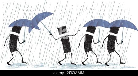 Illustration of various people walking. All are protected from the rain with an umbrella, but one ... He is happy, singing in the rain. Stock Vector