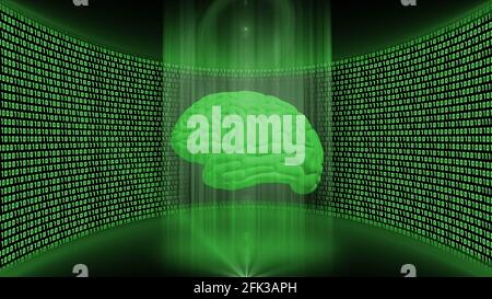 Abstract data flow background in green color - shining light beam in cylinder form with floating human brain in front of a virtual studio wall Stock Photo