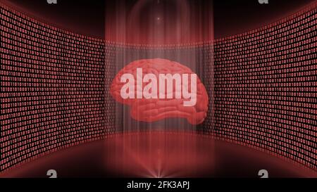 Abstract data flow background in red color - shining light beam in cylinder form with floating human brain in front of a virtual studio wall Stock Photo