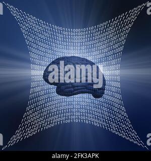 Abstract futuristic square graphic - shaped surface of white binary code on blue background - human brain symbolic for AI Artificial Intelligence Stock Photo