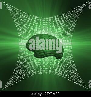 Abstract futuristic square graphic - shaped surface of white binary code on green background - human brain symbolic for AI Artificial Intelligence Stock Photo