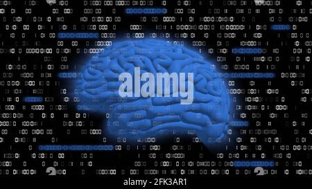 Human brain symbolic for AI Artificial Intelligence centered into background of binary code with random directional blur of single digits Stock Photo