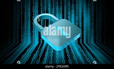 Security concept in bright blue design - closed padlock on digital background with tapes of binary code - 3D Illustration Stock Photo