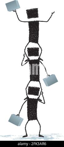 Three stick figures one on the shoulders of another climb. Stock Vector