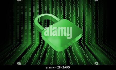 Security concept in green design - closed padlock on digital background with tapes of binary code - 3D Illustration Stock Photo