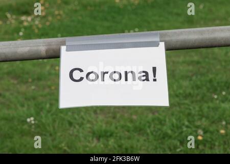 Corona virus quarantine lockdown prohibit entry community area. Closure by prohibition sign. Covid-19 safety prevention action containing pandemic spr Stock Photo