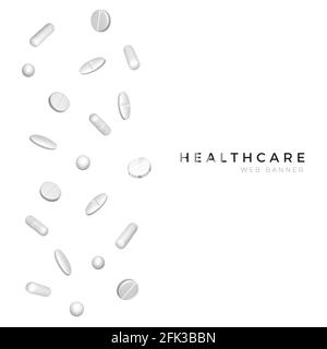Set of different white realistic pills for poster or banner design.  Healthcare and medicine background. Vector Stock Vector
