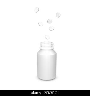 Realistic container with scattered tablets. White drug pills. Healthcare and medicine object for banner or poster. Vector Stock Vector