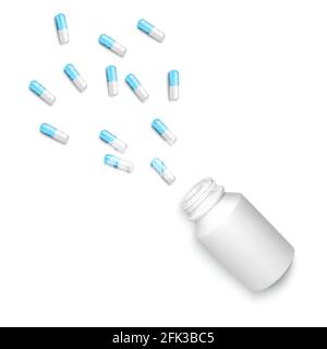 Realistic bottle with scattered tablets. White and blue drug capsules isolated on white background. Healthcare and medicine object for banner or poste Stock Vector