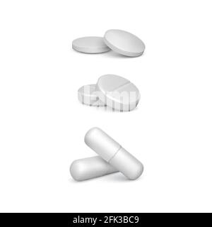 Set of realistic white pills. 3d render medicine drugs or vitamins. Vector illustration isolated on white background Stock Vector