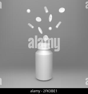 Realistic clean container with scattered tablets. White drug capsules and pills. Healthcare and medicine object for banner or poster. Vector Stock Vector