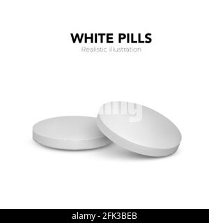 Realistic white pills. 3d treatment tablet.  Vitamins capsule on white background. Vector illustration isolated on white background Stock Vector