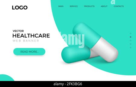 Web banner with realistic green capsule pills. Healthcare and medicine poster. Vector illustration Stock Vector