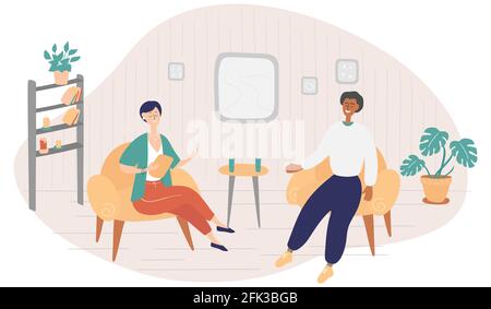 Female presenter asks famous celebrity on TV show. Popular man-star gives interview to television presenter in broadcast studio. Internet interview Stock Vector