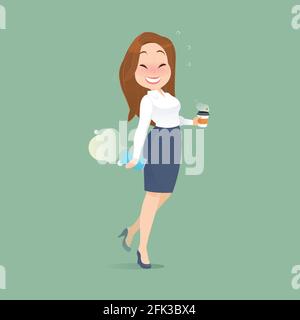 The office woman who is holding a cup of coffee is shy when she farted. Funny cartoon illustration, Concept with Healthcare And Medicine. Stock Vector