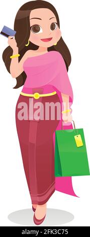 Thailand woman shopping with credit card against white Background, Cartoon, Vector illustration Stock Vector