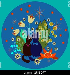 cats in love surrounded by fantastic flowers on a blue background. Romantic vector illustration with cute characters for greeting cards, invitations, Stock Vector