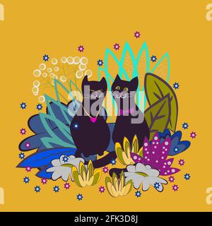 Two loving cats sit among fantastic flowers. Valentine's day card with romantic background. Colorful vector illustration with decorative elements and Stock Vector