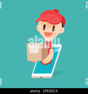 Cartoon Delivery Man Brings A Goods To A Customer From Smartphone, Vector illustration, Concept with Online Shopping And Services. Stock Vector
