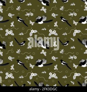 Seamless pattern with magpies in different poses, colors, circles and various abstract lines on a solid brown-green background. Vector illustration fo Stock Vector