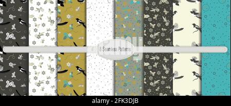 A set of seamless patterns with flowers, birds, magpies, abstract lines, circles and dots. Harmonious color scheme. Vector illustration with the abili Stock Vector
