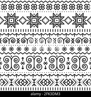 Slovak folk art vector seamless geometric black pattern on white with swirls, zig-zag shapes inspired by traditional painted art from village Cicmany Stock Vector