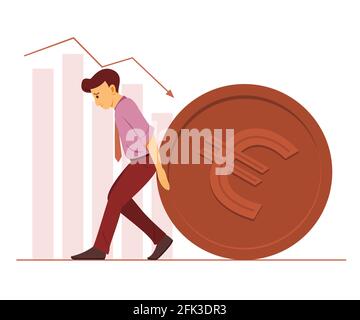 Business Man Push a Big Coin of Euro Currency and the Bar Charts on Background. Stock Vector