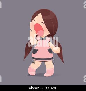 Cartoon Girl Yawning Against Gray Background, Sleepy, Vector illustration, Concept With Sleep And Relaxing. Stock Vector