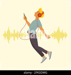 Man Enjoy Listening and Hanging in the Space with Sound Wave Pattern Background. Stock Vector