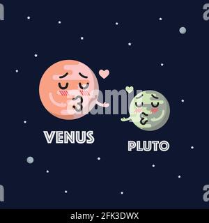Venus in love with pluto character emoticon on space background. star and planets on galaxy background. Flat style vector illustration Stock Vector