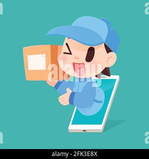 Cartoon Delivery Man Brings A Goods To A Customer From Smartphone, Vector illustration, Concept with Online Shopping And Services. Stock Vector
