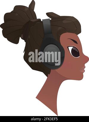 Cartoon african woman listening music with her headphones isolated on white background, Vector illustration Stock Vector
