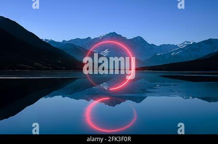 Dramatic scene, big moon, moonlight, neon. Night landscape reflection in the river, sea, ocean. 3d illustration Stock Photo