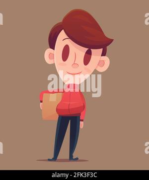 Man delivery man in red uniform holding the box Stock Vector