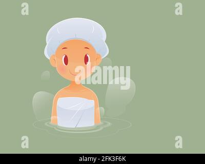 Cartoon woman relaxing in hot spring against green background, Onsen, Smiling girl, Illustration Stock Vector