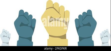 Protest concept. Vector illustration of raised human hands with clenched fists. Raised fist Stock Vector