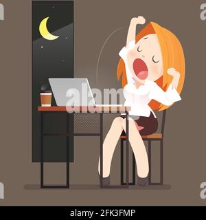 Illustration business woman Yawning at a loft office desk in front of laptop, Overtime and Overwork, Deadline and people concept, Vector Cartoon Stock Vector