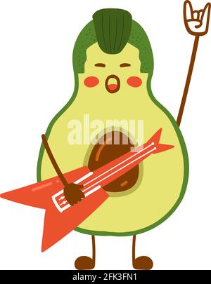Avocado Rock and Roll. Vector flat illustration of cute avocado character with guitar. Stock Vector