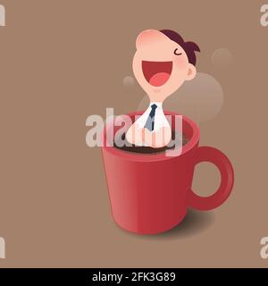 Cartoon character businessman sitting on a red cup of hot coffee. Good morning and Good day, Vector and Illustration. Stock Vector