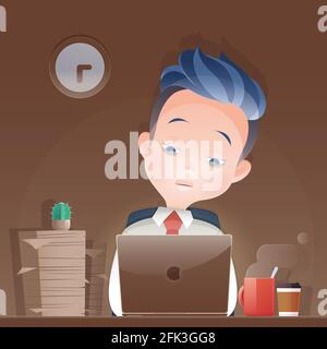 Cartoon businessman working overtime late night  in office. Vector and Illustration. Stock Vector