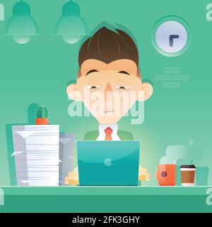 Cartoon businessman working overtime late night  in office. Vector and Illustration. Stock Vector
