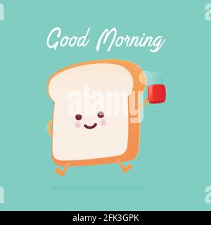 Good morning greeting on toasted bread cartoon against green background. Vector flat cartoon illustration Stock Vector
