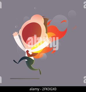 Businessman character running with back on fire against gray background. Deadline and rush hour. Vector and Illustration. Stock Vector