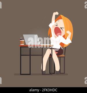 Illustration business woman Yawning at a loft office desk in front of laptop, Overtime and Overwork, Deadline and people concept, Vector Cartoon Stock Vector