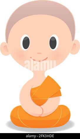 Cartoon Buddhist Monk Of Southeast Asia. Meditation, Isolate on white background, Vector illustration. Stock Vector