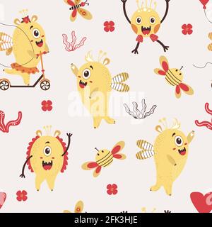 A seamless pattern with fantastic monsters. Cute yellow monsters - a girl on a scooter and boy with a hairdo in the background with butterflies, flowe Stock Vector